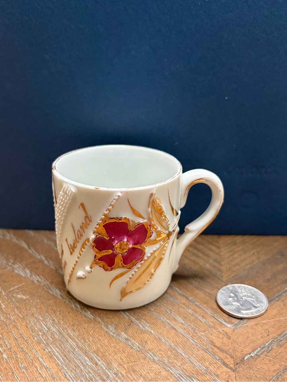 Vintage German Thuringia Porcelain Cup A Present From Ireland Floral Gold